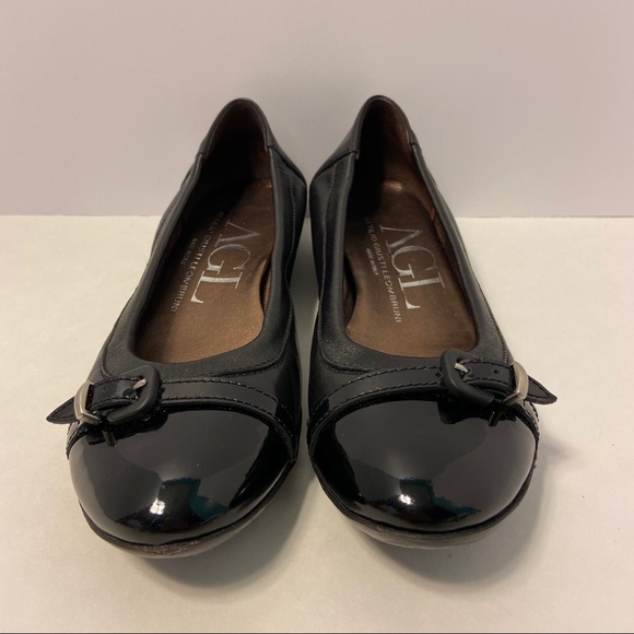 AGL Cap Toe Black Leather Slip On Ballet Flat - Picture 6 of 14